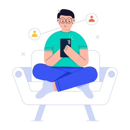 Homem usando rede social no celular  Ilustração