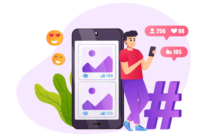 Homem usando redes sociais no celular  Illustration