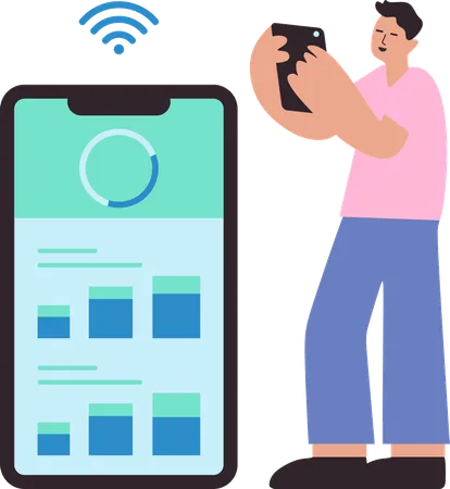 Homem usando sensores de IoT usando telefone  Ilustração