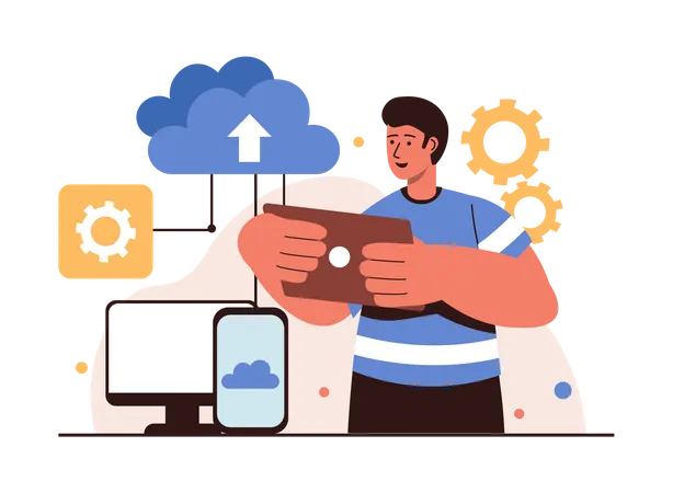 Homem usando serviços de computação em nuvem  Ilustração