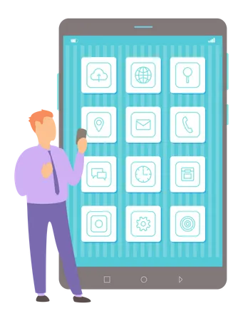 Homem usando aplicativos para smartphone  Ilustração