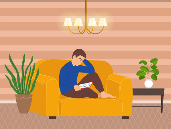 Homem usando smartphone enquanto está sentado no sofá  Ilustração