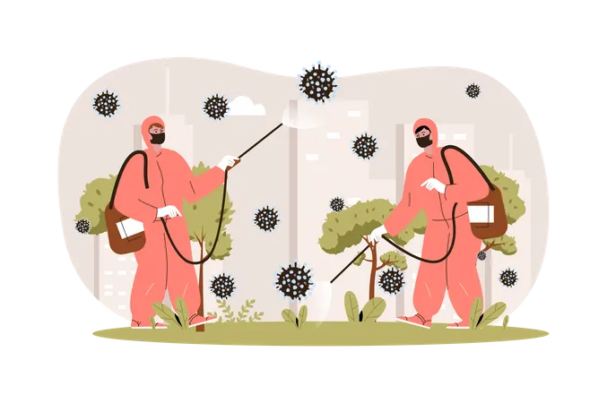 Conceito De Personagem Web Coronavirus Pare De Covid 19 Medicos Em Trajes De Protecao Combatem Virus Desinfetando Bacterias Cena Isolada Com Pessoas Ilustracao Vetorial Com Pessoas Em Design Plano Ilustração