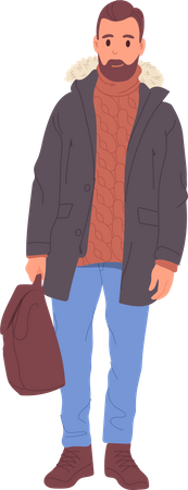 Homem vestindo um suéter elegante e aconchegante sob roupas quentes e botas confortáveis segurando mochila  Ilustração