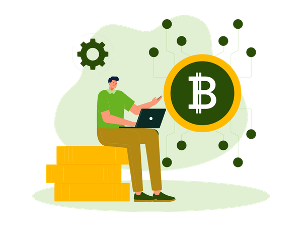 Homem usando tecnologia bitcoin  Ilustração