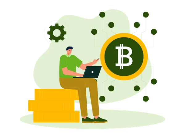 Homem usando tecnologia bitcoin  Ilustração