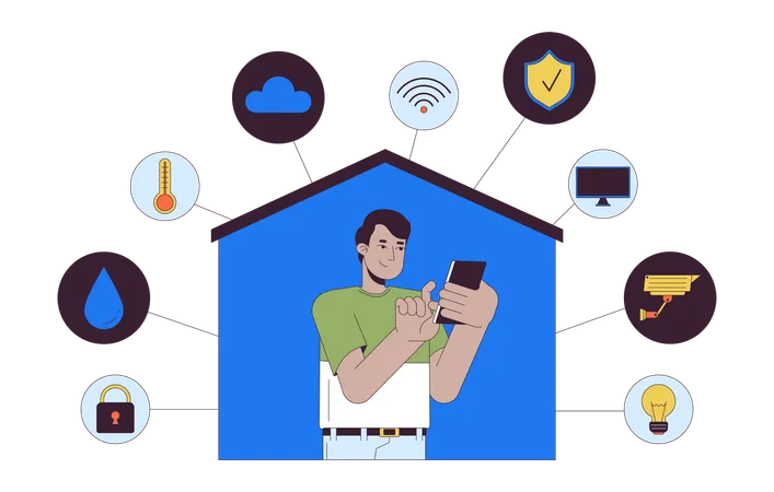 Homem usando telefone residencial inteligente  Ilustração