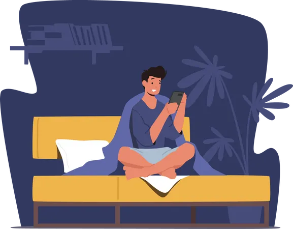 Homem usando telefone enquanto está sentado na cama  Ilustração