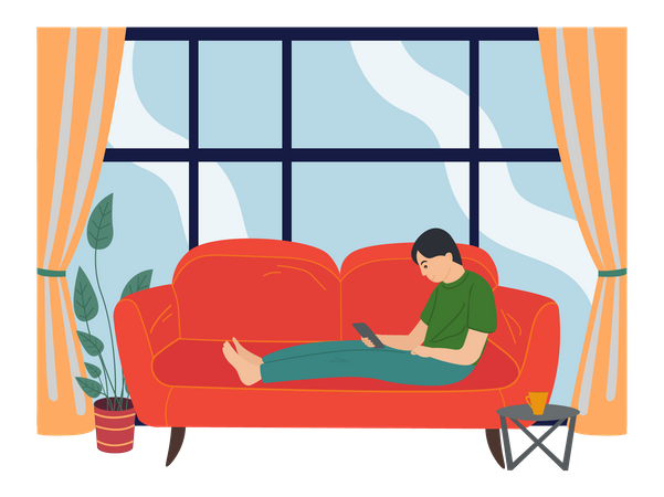 Homem usando telefone enquanto está sentado no sofá  Ilustração