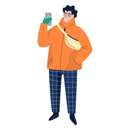 Homem usando telefone enquanto usava roupas de inverno  Ilustração