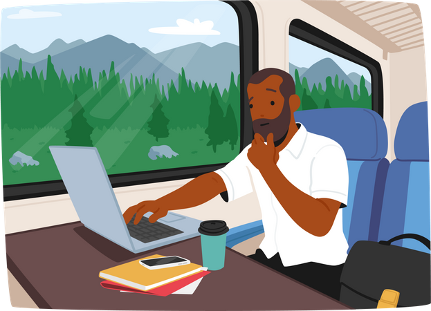 Homem usando um laptop enquanto viaja de trem  Ilustração