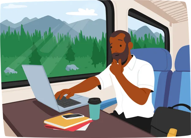 Homem Usando Um Laptop Enquanto Viajava De Trem Ele Parece Focado E Produtivo Apesar Do Veiculo Em Movimento A Imagem Pode Ser Usada Para Mostrar Trabalho Remoto Ou Produtividade Ilustra O Vetorial De Desenho Animado Ilustração