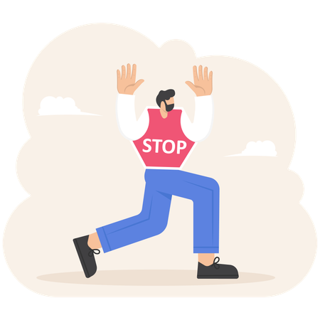 Homem vestindo uma fantasia de sinal de stop mostrando gesto de stop  Ilustração