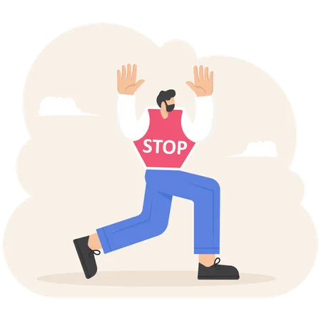 Homem vestindo uma fantasia de sinal de stop mostrando gesto de stop  Ilustração
