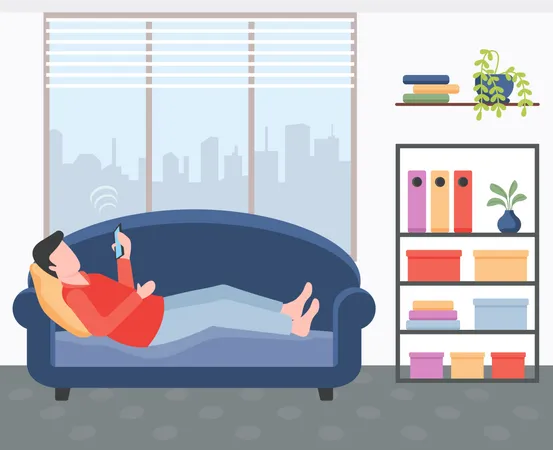 Homem usa telefone enquanto está deitado no sofá  Ilustração