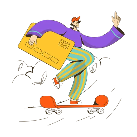 Homem vai andar de skate com cartão de débito  Ilustração