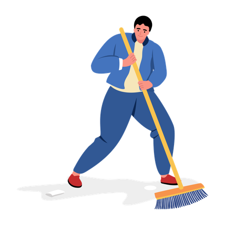 Homem varrendo, aspirando e esfregando  Ilustração