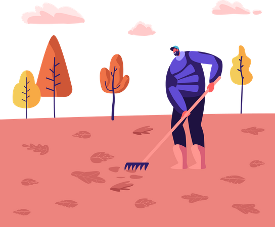 Homem varrendo a grama e limpando folhas caídas  Ilustração