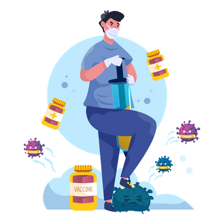 Homem vencendo o vírus corona com vacina  Illustration