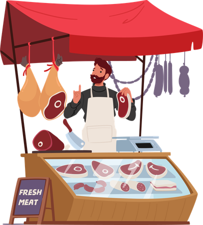 Homem vende carne no mercado  Ilustração