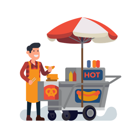 Homem vendendo cachorro-quente no carrinho de comida de rua  Ilustração