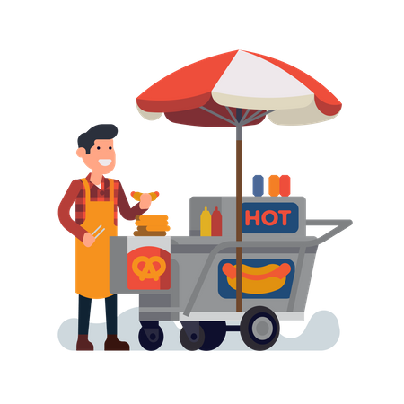 Homem vendendo cachorro-quente no carrinho de comida de rua  Ilustração