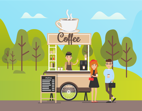 Homem vendendo café na barraca de café  Ilustração