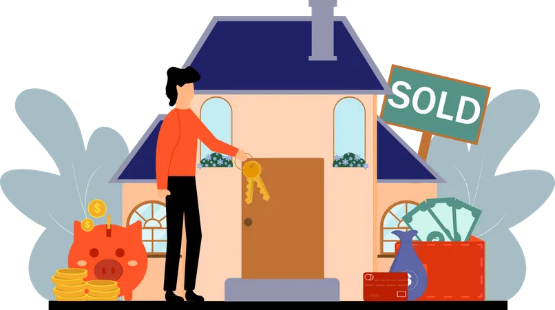 Homem vendendo casa para economizar  Ilustração