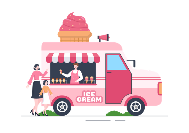 Homem vendendo sorvete em caminhão de rua  Ilustração