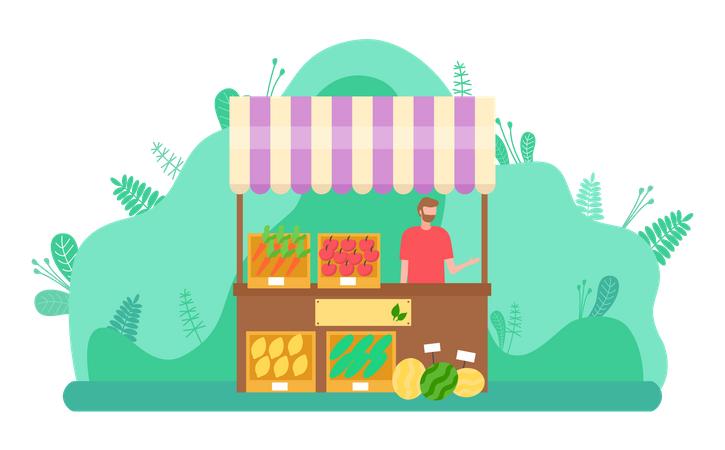 Homem vendendo legumes e frutas  Ilustração