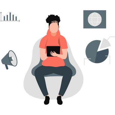 Homem vendo gráficos analíticos e diagramas em sua guia  Illustration
