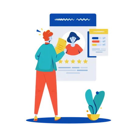 Homem verificando Revisando perfil de candidato  Ilustração