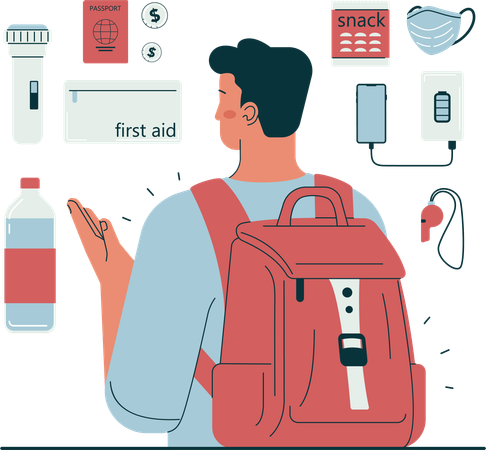 Homem verificando as coisas necessárias durante a viagem  Ilustração