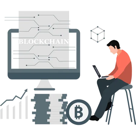 Homem verificando blockchain de bitcoin  Ilustração