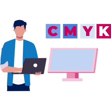 Homem verificando a cor do gráfico cmyk  Ilustração