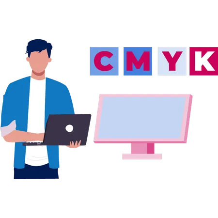 Homem verificando a cor do gráfico cmyk  Ilustração