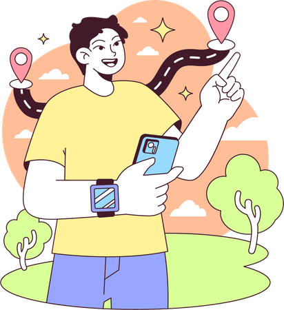 Homem verificando rota de caminhada no celular  Ilustração