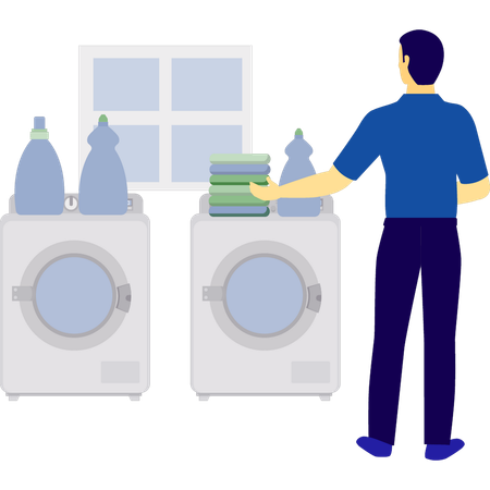 Homem verificando roupas lavadas  Ilustração