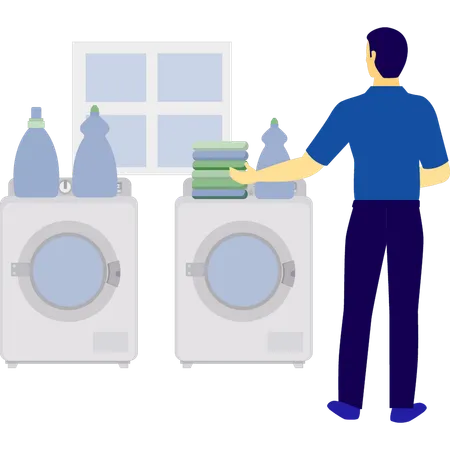 Homem verificando roupas lavadas  Ilustração