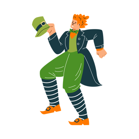 Homem usando chapéu verde tradicional irlandês e traje dançando  Ilustração