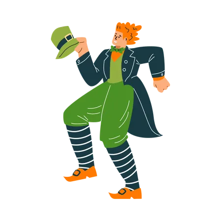 Homem usando chapéu verde tradicional irlandês e traje dançando  Ilustração