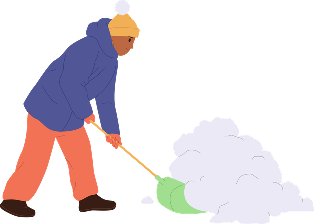 Homem vestindo roupas quentes limpando a neve da rua com uma pá  Ilustração