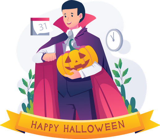 Homem vestindo uma fantasia de Halloween segurando uma abóbora  Ilustração