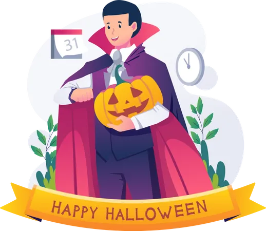 Feliz Halloween Com Um Homem Fantasiado De Halloween Segurando Uma Abobora Preparando E Esperando Os Momentos De Halloween Ilustracao Vetorial Em Estilo Simples Ilustração