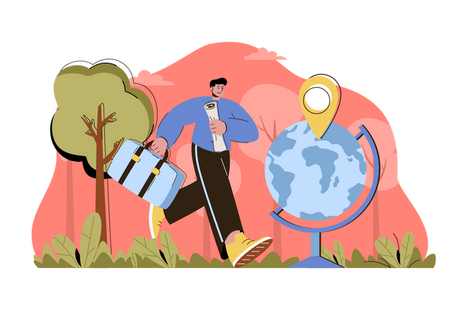 Homem viajando ao redor do mundo carregando bagagem  Ilustração