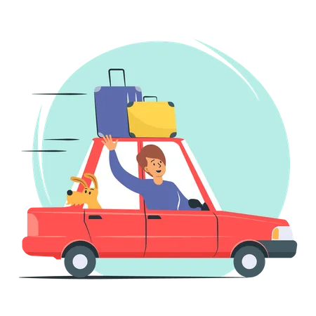 Homem viajando de carro na estrada com bagagem  Ilustração