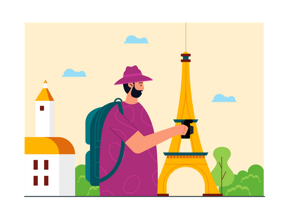 Homem viajando para a Torre Eiffel  Ilustração