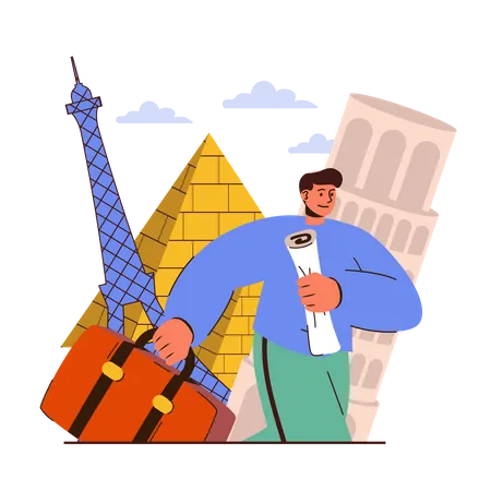 Homem viajando para a Torre Eiffel  Ilustração