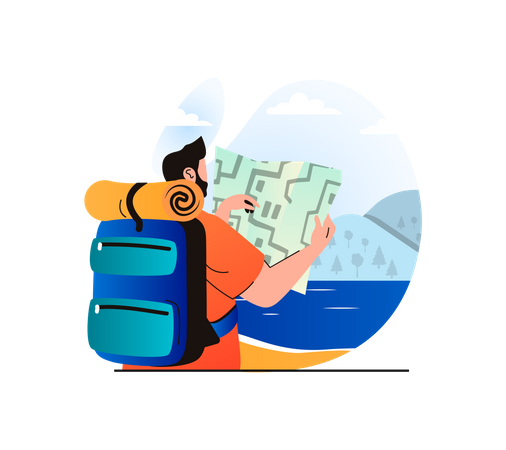 Homem viajando para o destino usando a ajuda do mapa  Ilustração