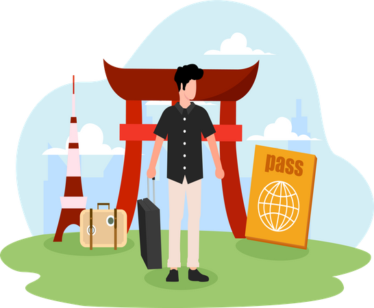 Homem viajando para o portão torii  Ilustração